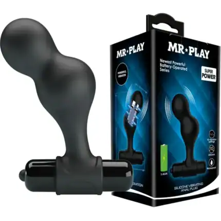 Dop anal vibrator Mr Play negru din silicon cu glonț albastru