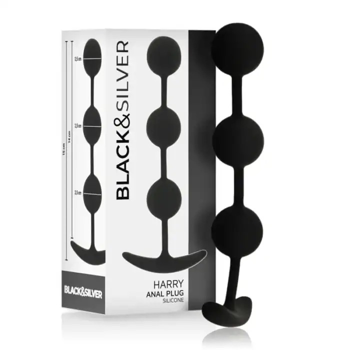 rozariu anal Black&Silver Harry cu 3 sfere din silicon, 14 cm